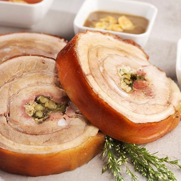 Roast Pork Crackling Boneless with Trio Sauce (Chilled - Heat to Serve, 2 days leadtime)